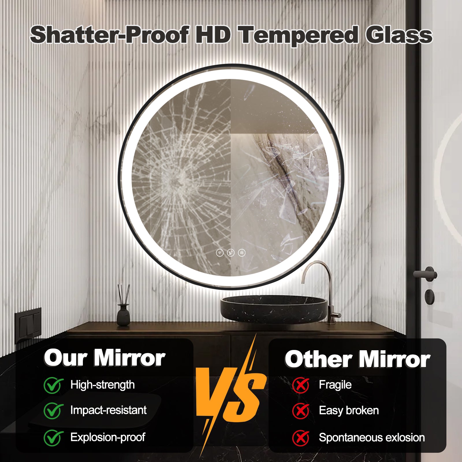 Miroir rond intelligent Gloviea à LED avec cadre noir brossé, éclairage dimmable et luminosité réglable, capteur de mouvement, anti-buée, fonction mémoire, éclairage avant et arrière