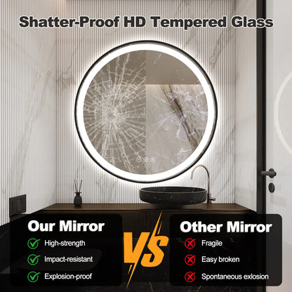 Gloviea Brushed Black Framed Round LED Bathroom Mirror | Front &amp; Backlit, Anti-Fog, Motion Sensor