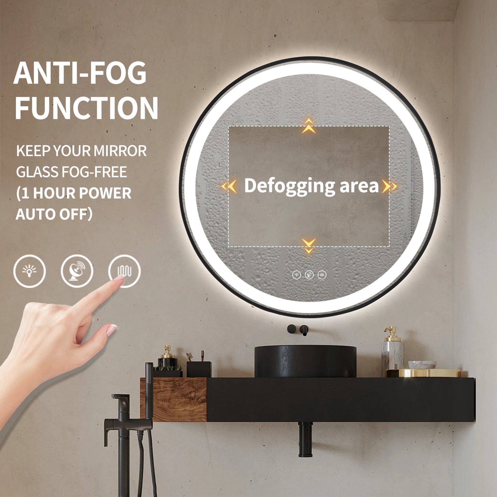 Miroir rond intelligent Gloviea à LED avec cadre noir brossé, éclairage dimmable et luminosité réglable, capteur de mouvement, anti-buée, fonction mémoire, éclairage avant et arrière