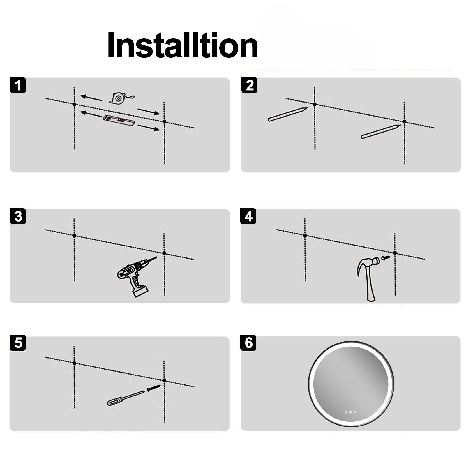 Miroir rond intelligent Gloviea à LED avec cadre noir brossé, éclairage dimmable et luminosité réglable, capteur de mouvement, anti-buée, fonction mémoire, éclairage avant et arrière
