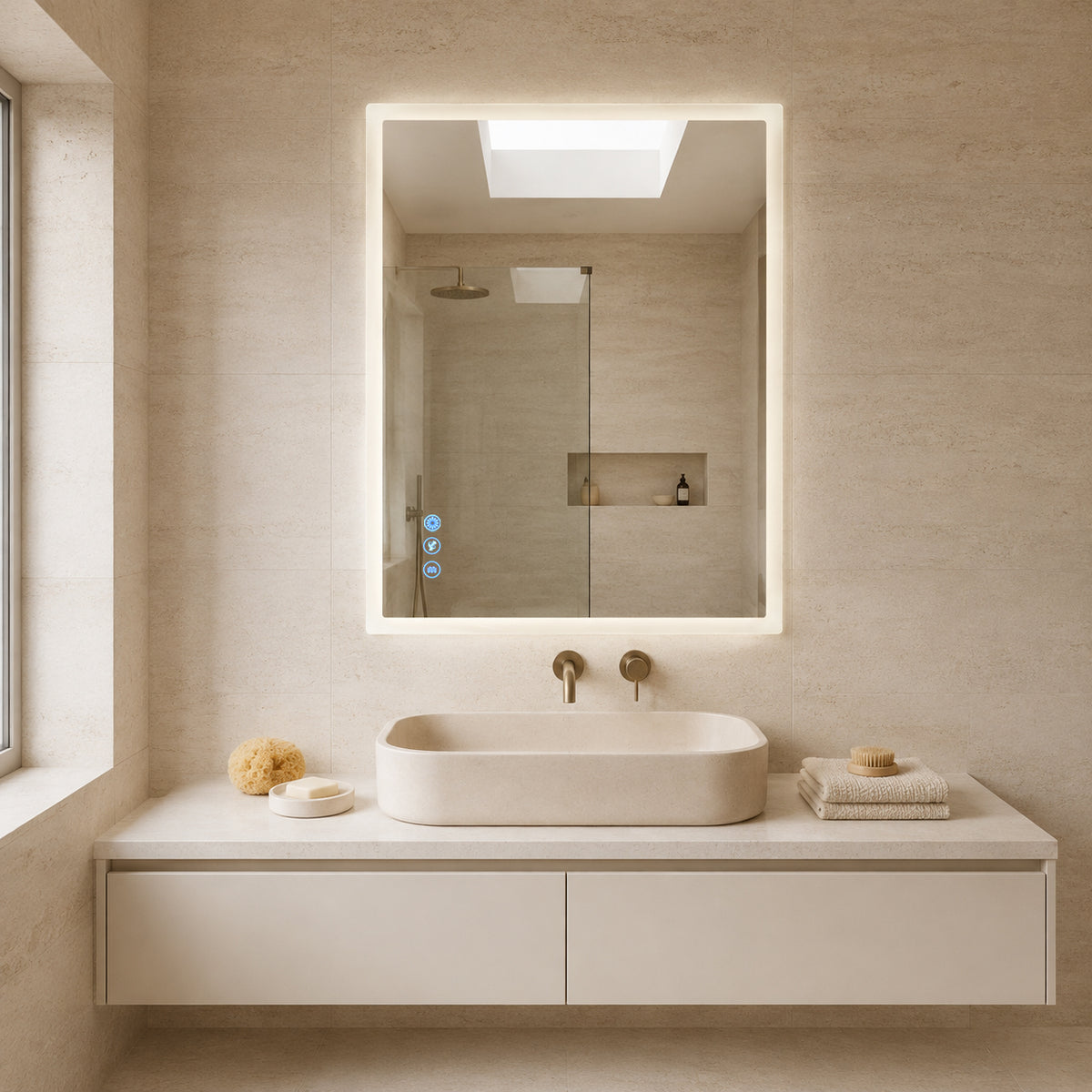 Gloviea Rectangular LED Bathroom Mirror – Full Frosted Edge | Front Glow + Backlit, Anti-Fog & Motion Sensor