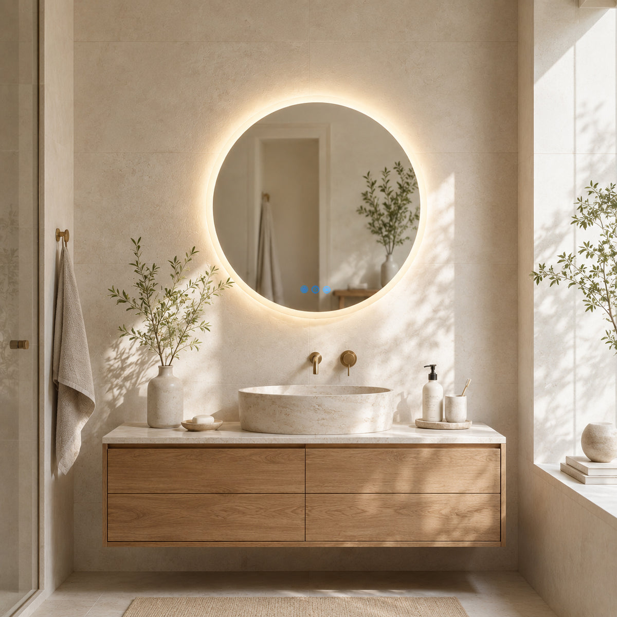 Gloviea Round LED Bathroom Mirror | Front &amp; Backlit | Full Frosted Edge, Anti-Fog, Motion Sensor