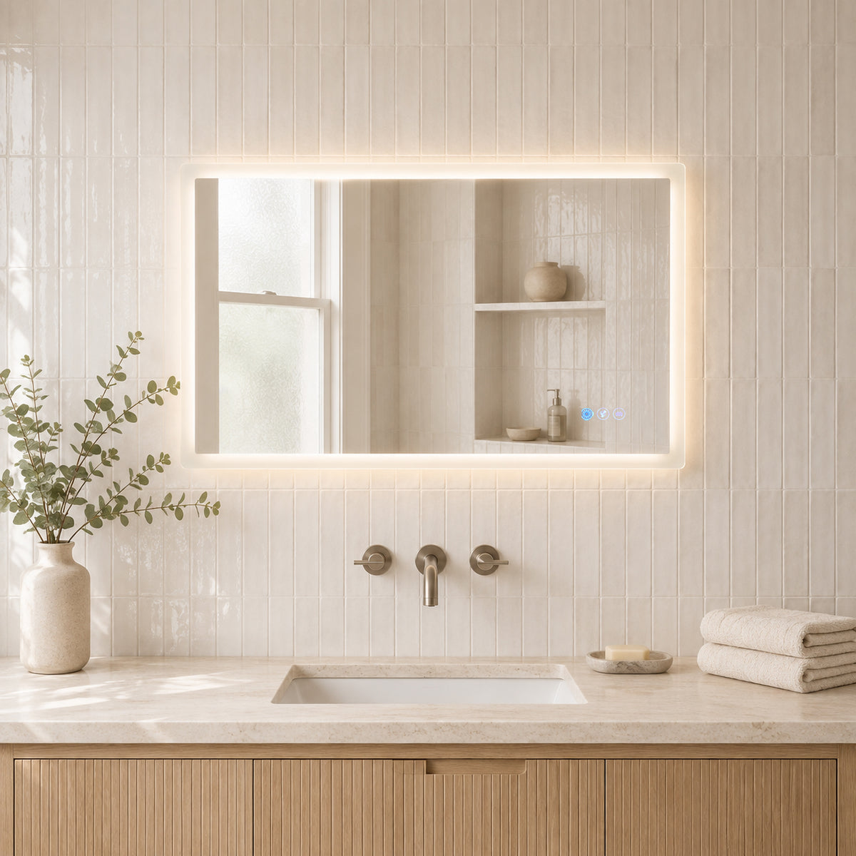 Gloviea Rectangular LED Bathroom Mirror – Full Frosted Edge | Front Glow + Backlit, Anti-Fog & Motion Sensor