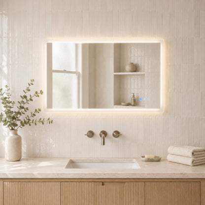 Gloviea Rectangular LED Bathroom Mirror – Full Frosted Edge | Front Glow + Backlit, Anti-Fog &amp; Motion Sensor