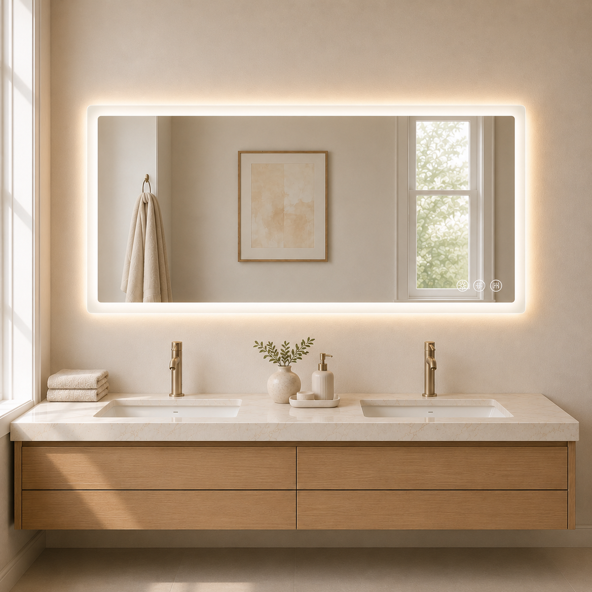 Gloviea Rectangular LED Bathroom Mirror – Full Frosted Edge | Front Glow + Backlit, Anti-Fog & Motion Sensor