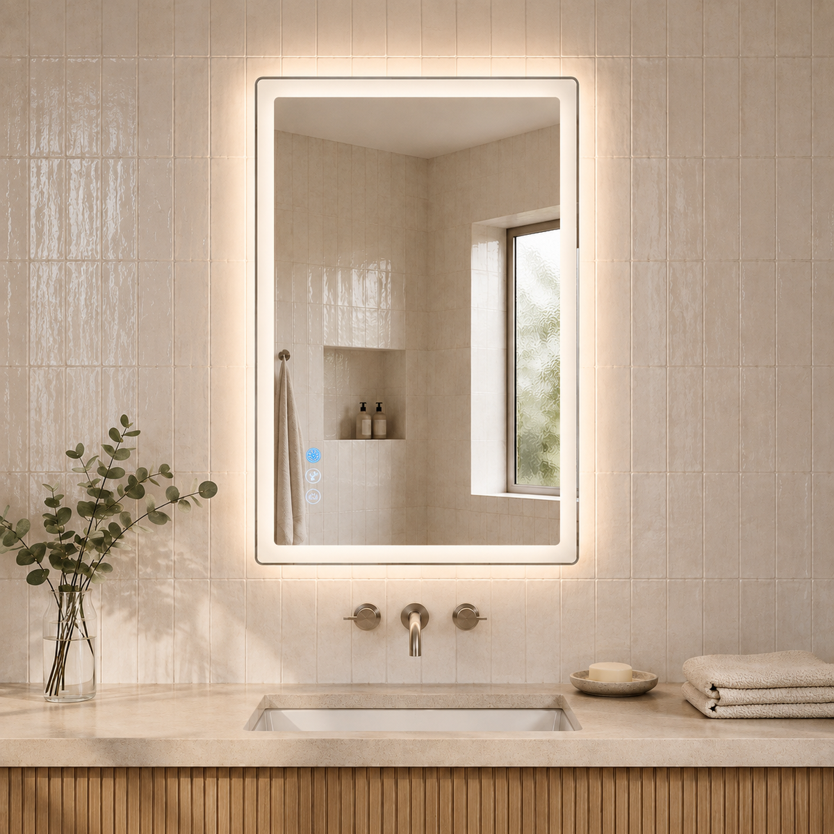 Gloviea Rectangular LED Bathroom Mirror – Mirror Border | Front Glow + Backlit, Anti-Fog & Motion Sensor