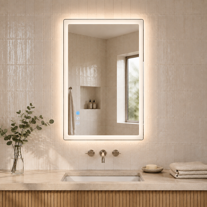 Gloviea Rectangular LED Bathroom Mirror – Mirror Border | Front Glow + Backlit, Anti-Fog &amp; Motion Sensor