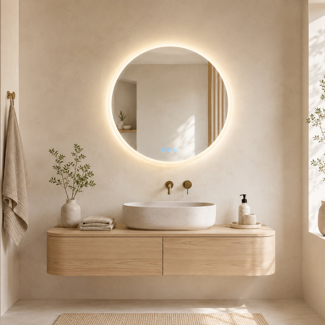 Gloviea Round LED Bathroom Mirror | Front &amp; Backlit | Full Frosted Edge, Anti-Fog, Motion Sensor