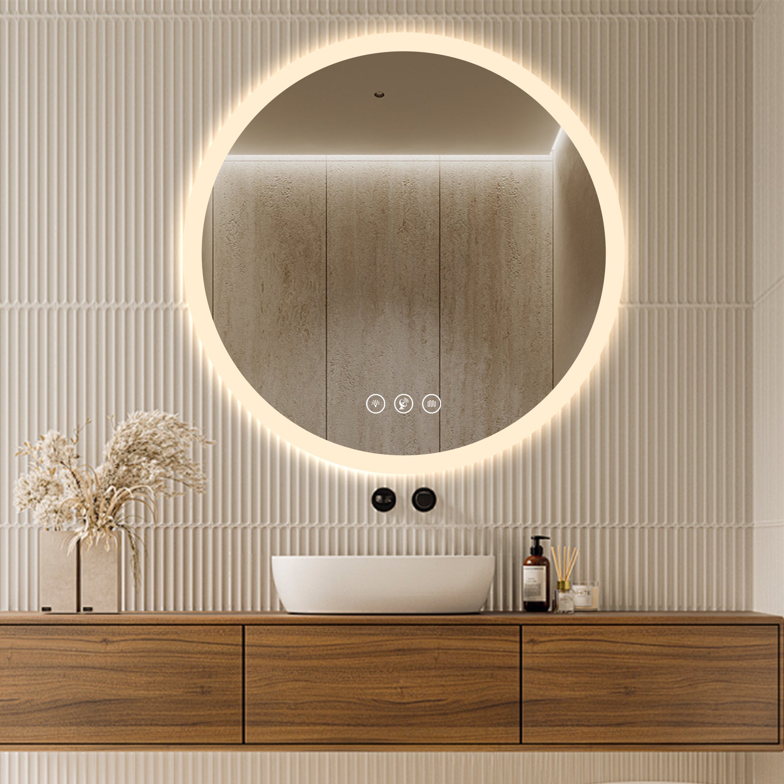 Miroir intelligent rond Gloviea à LED avec lumières, intensité variable et luminosité réglable, capteur de mouvement, anti-buée, fonction mémoire, éclairage avant et arrière, design à bords polis