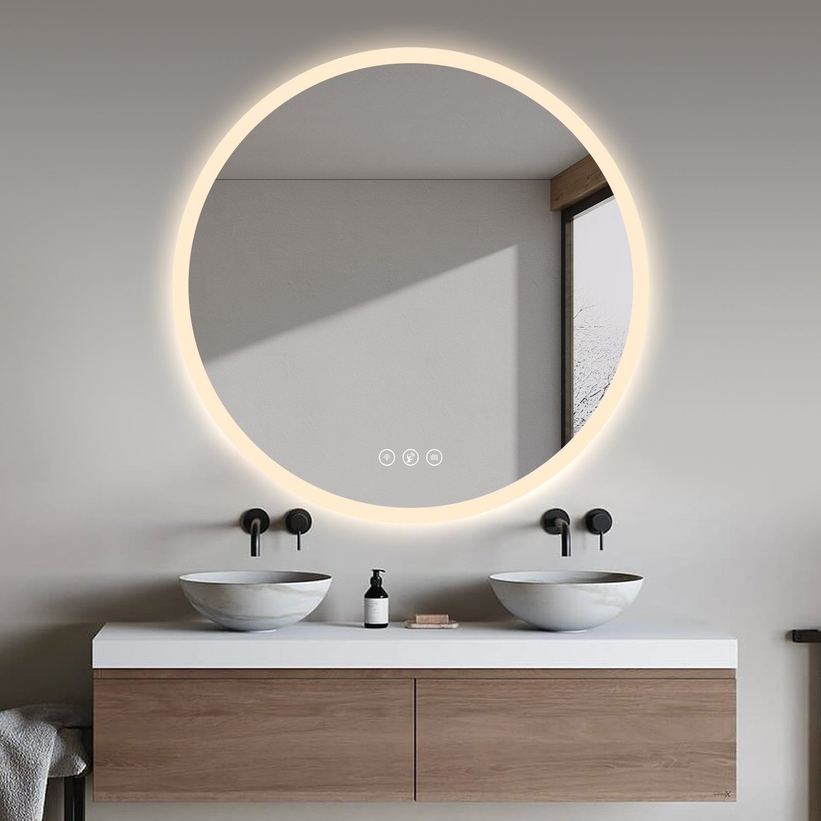 Miroir intelligent rond Gloviea à LED avec lumières, intensité variable et luminosité réglable, capteur de mouvement, anti-buée, fonction mémoire, éclairage avant et arrière, design à bords polis