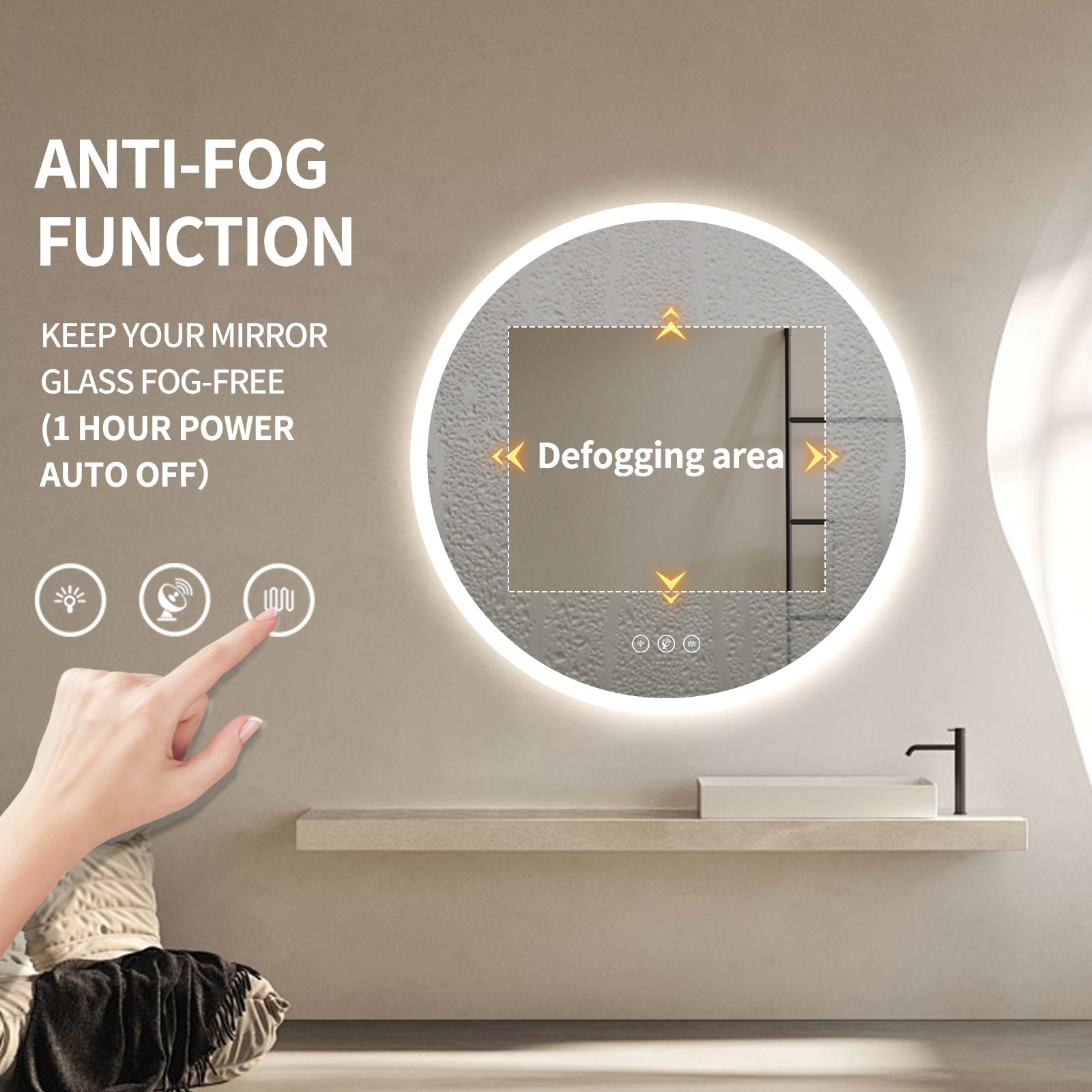 Miroir intelligent rond Gloviea à LED avec lumières, intensité variable et luminosité réglable, capteur de mouvement, anti-buée, fonction mémoire, éclairage avant et arrière, design à bords polis