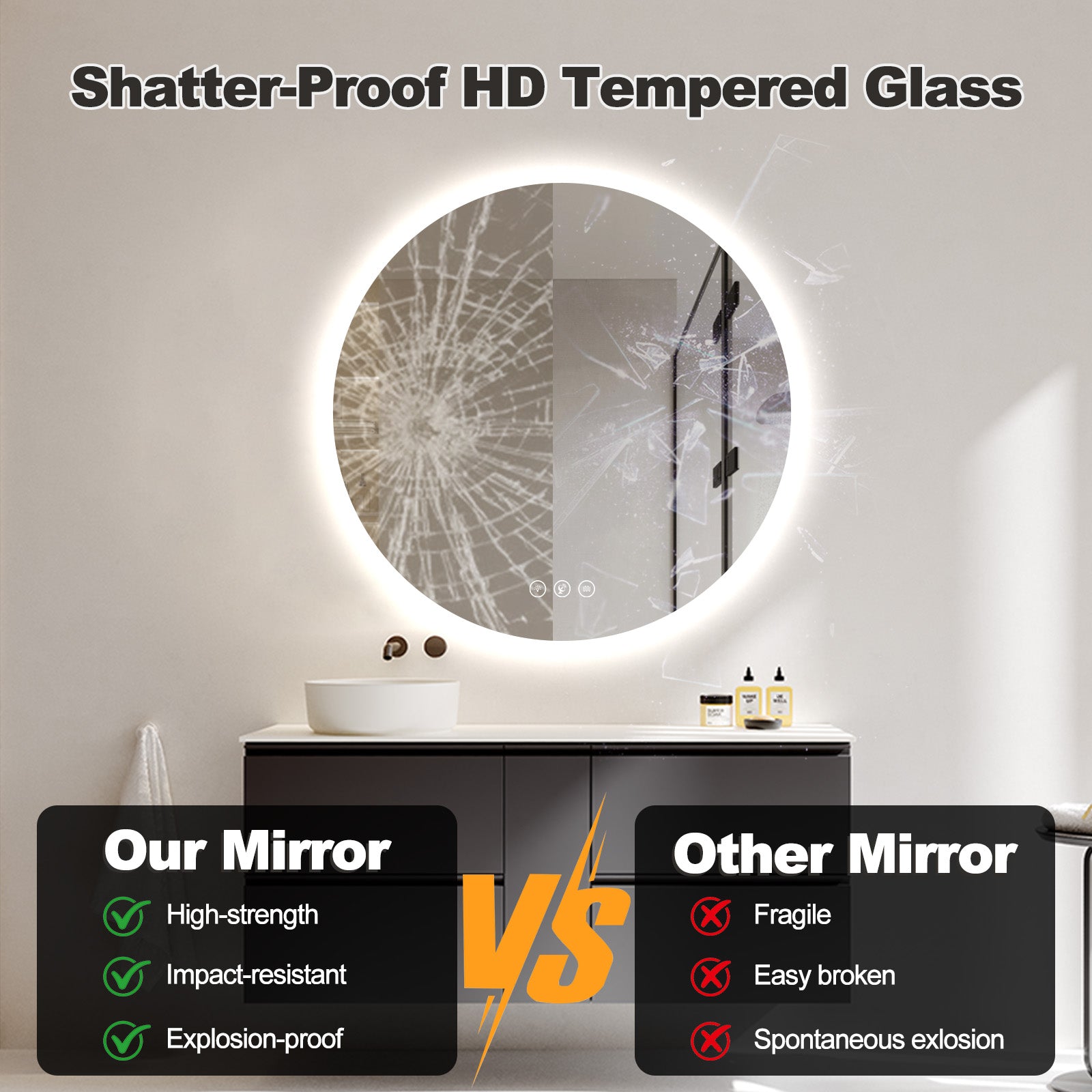 Miroir intelligent rond Gloviea à LED avec lumières, intensité variable et luminosité réglable, capteur de mouvement, anti-buée, fonction mémoire, éclairage avant et arrière, design à bords polis