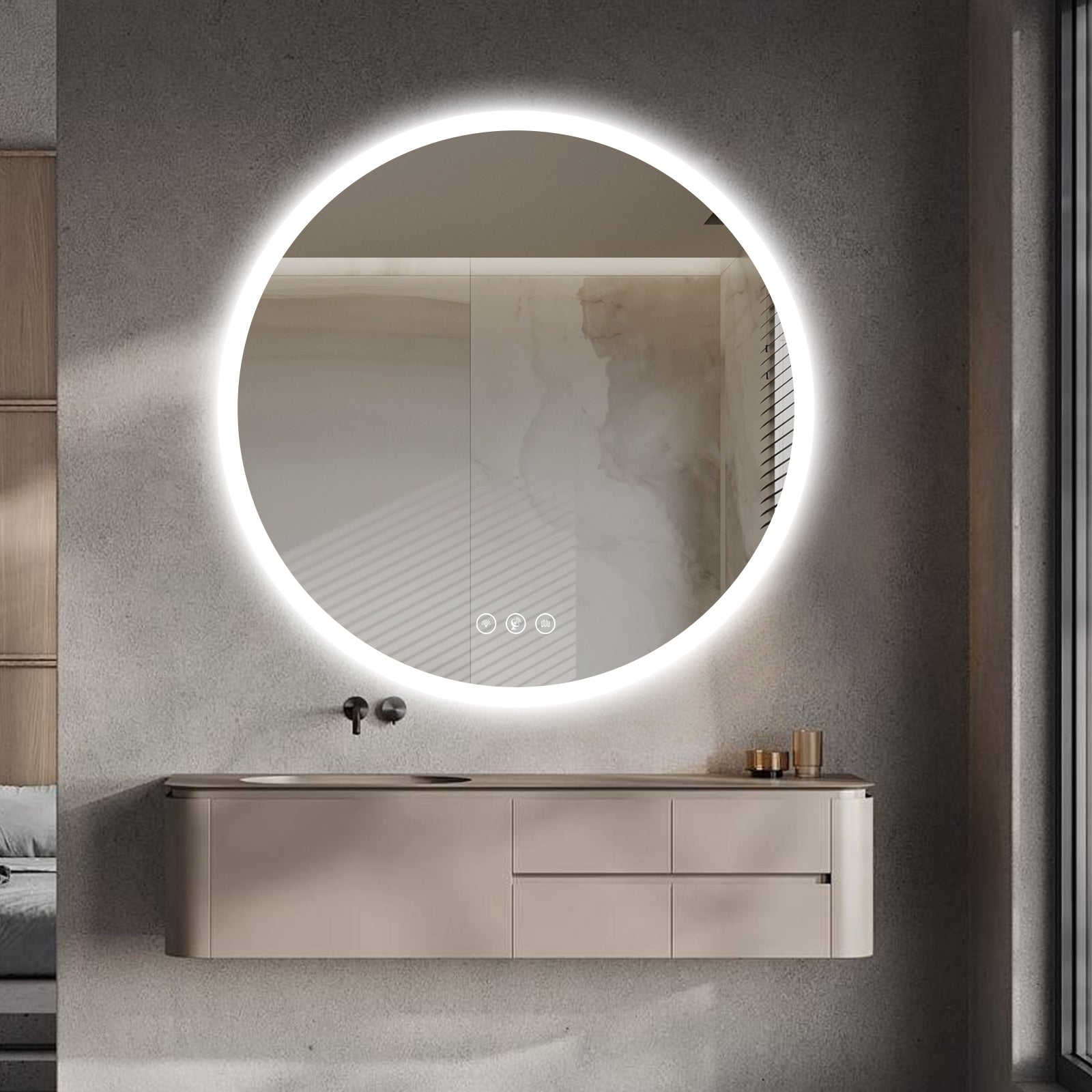 Miroir intelligent rond Gloviea à LED avec lumières, intensité variable et luminosité réglable, capteur de mouvement, anti-buée, fonction mémoire, éclairage avant et arrière, design à bords polis