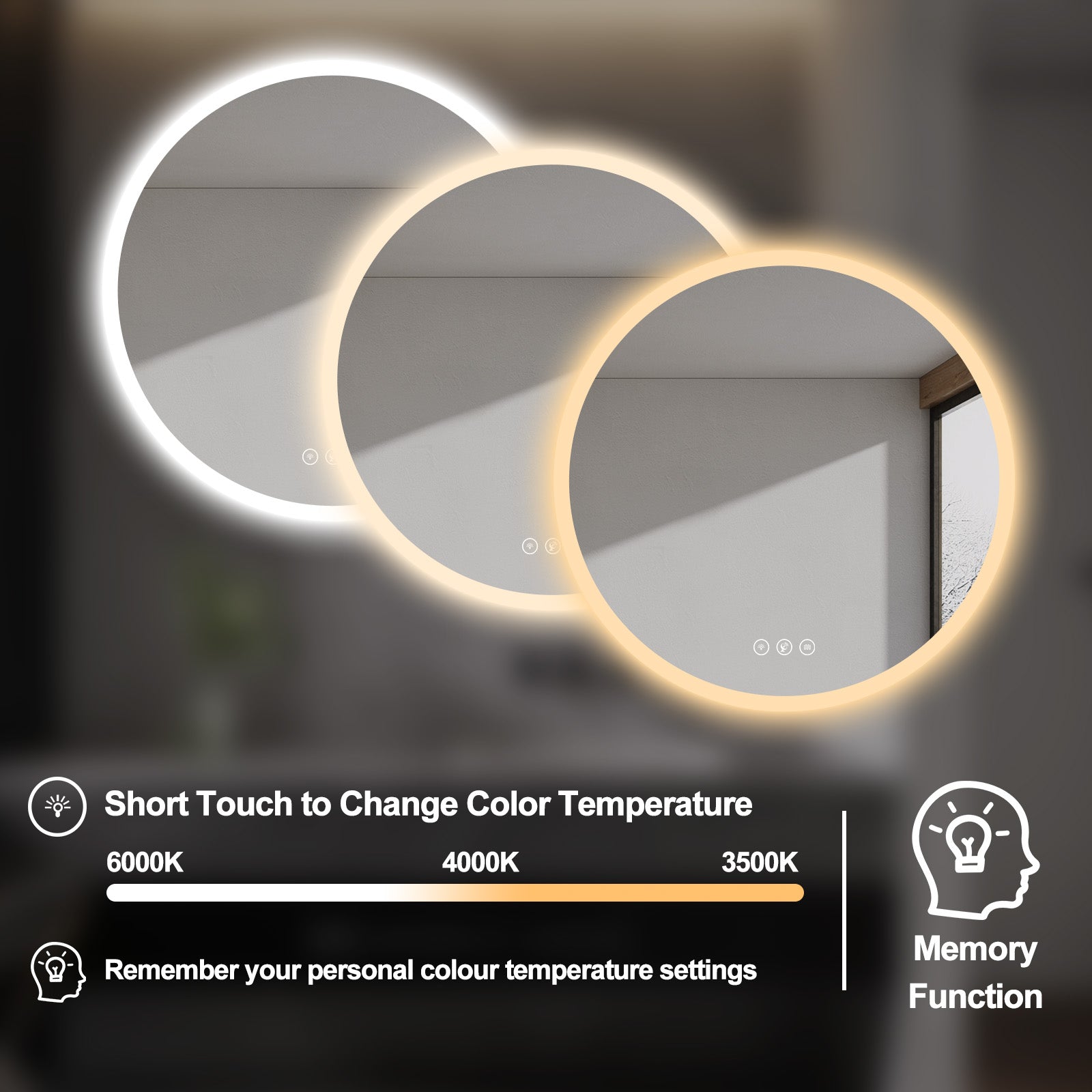 Miroir intelligent rond Gloviea à LED avec lumières, intensité variable et luminosité réglable, capteur de mouvement, anti-buée, fonction mémoire, éclairage avant et arrière, design à bords polis