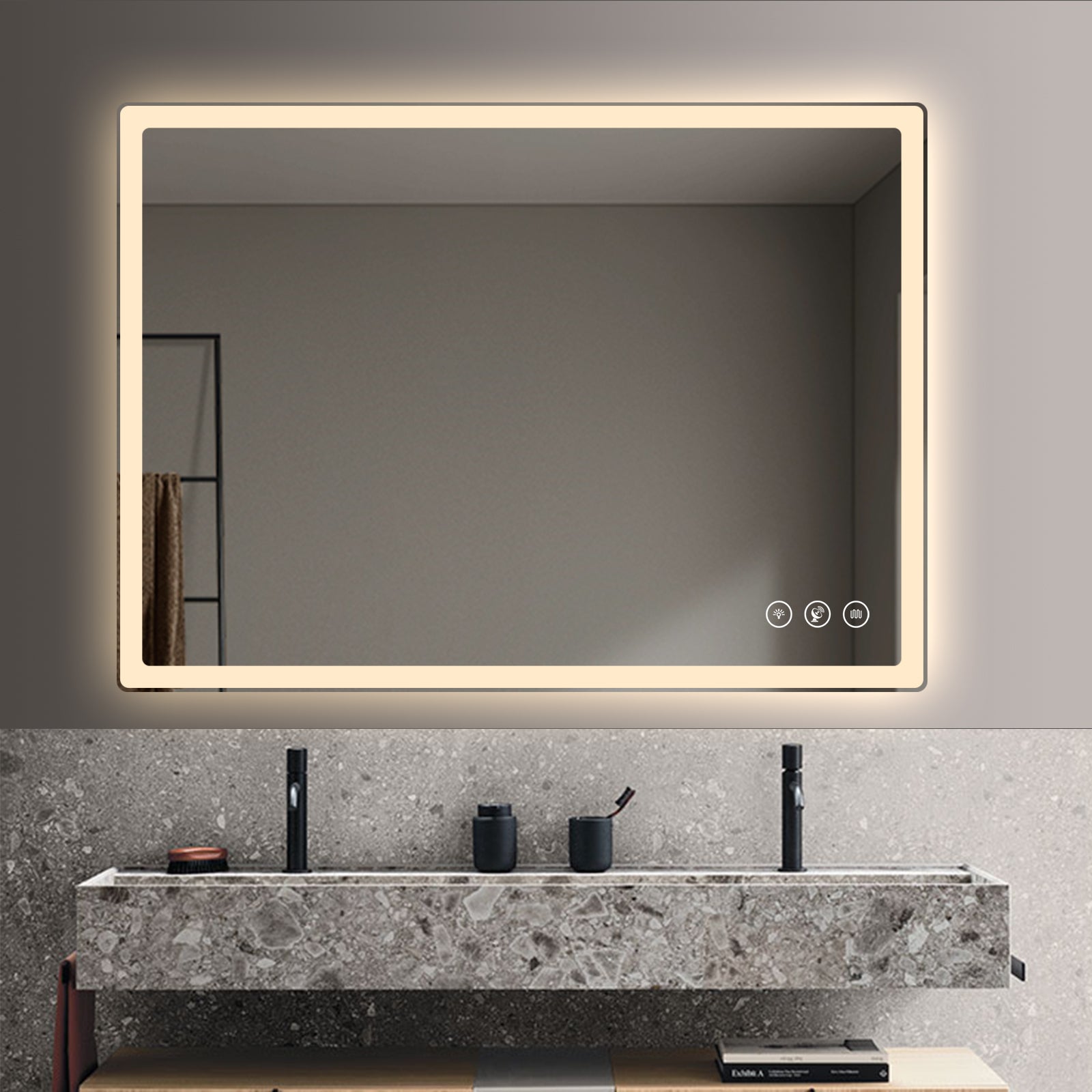Miroir intelligent rectangulaire à LED Gloviea avec lumières, luminosité réglable et dimmable, détecteur de mouvement, anti-buée, fonction mémoire, éclairage avant et arrière