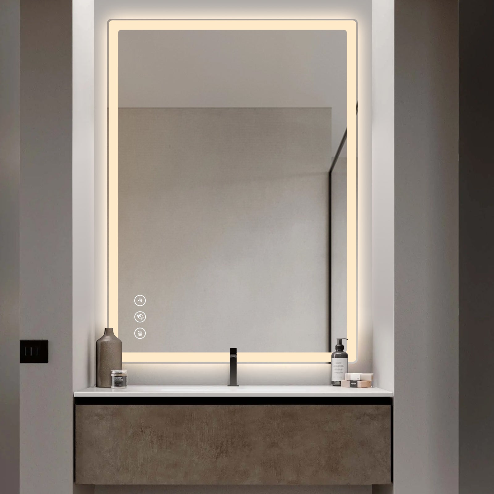 Miroir intelligent rectangulaire à LED Gloviea avec lumières, luminosité réglable et dimmable, détecteur de mouvement, anti-buée, fonction mémoire, éclairage avant et arrière