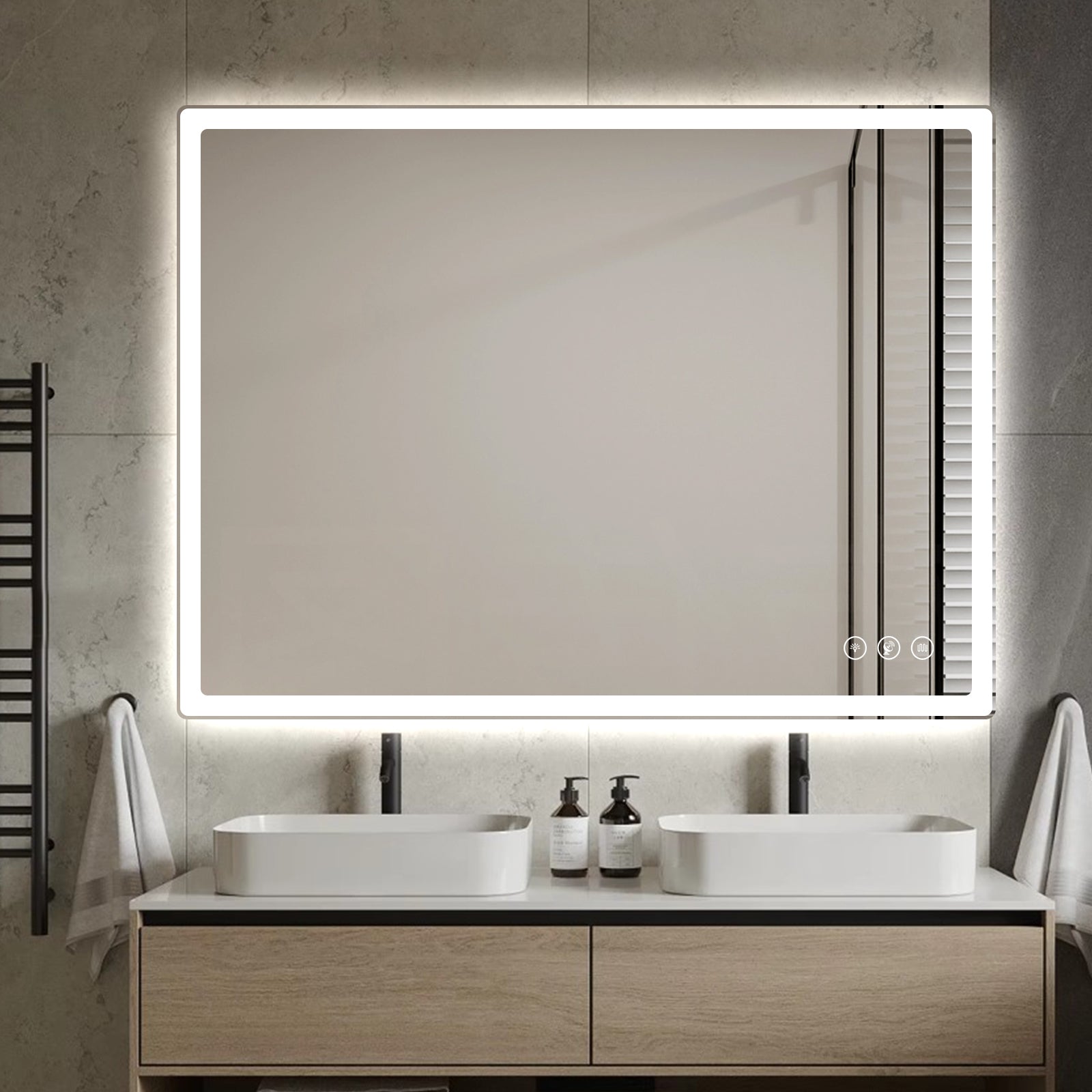 Miroir intelligent rectangulaire à LED Gloviea avec lumières, luminosité réglable et dimmable, détecteur de mouvement, anti-buée, fonction mémoire, éclairage avant et arrière