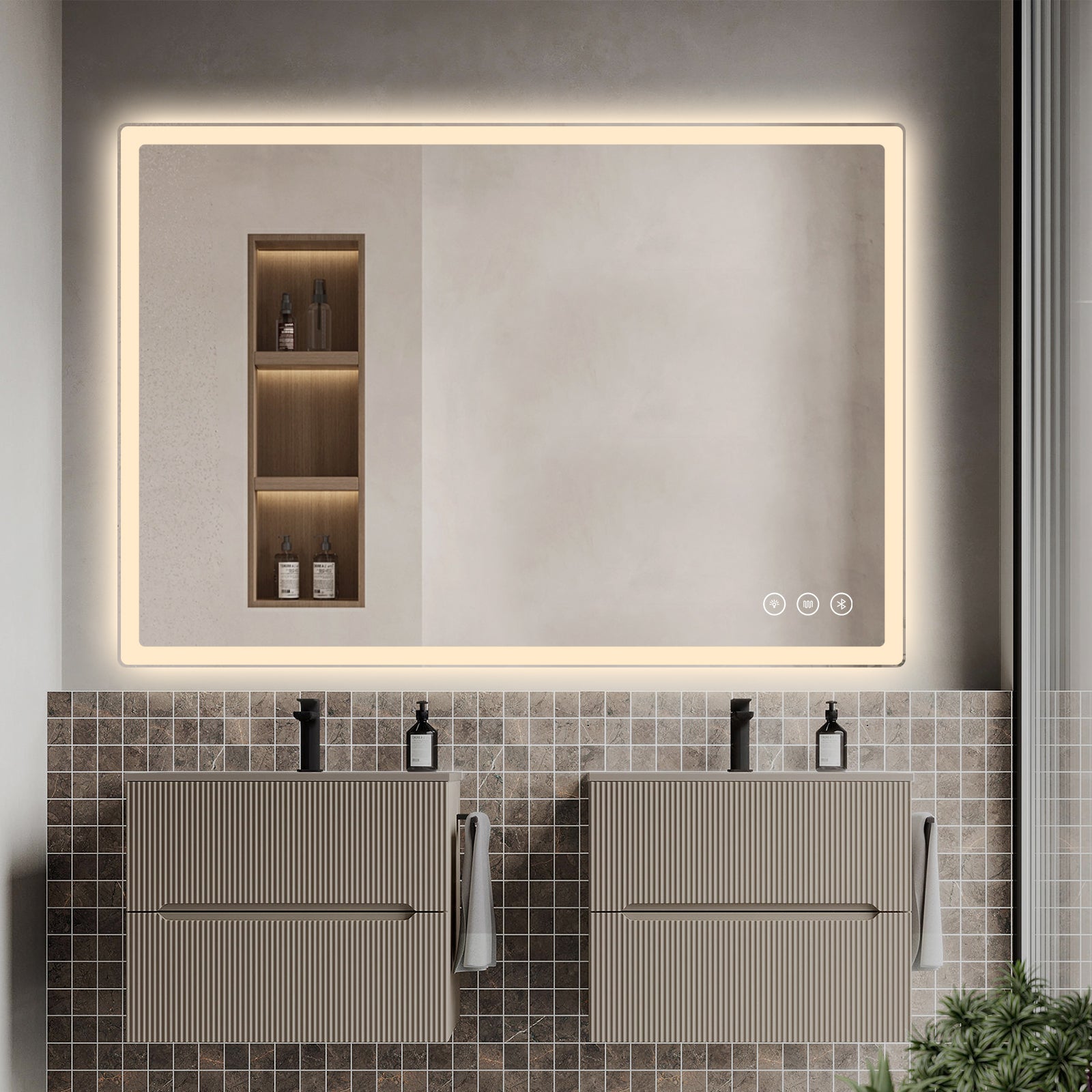 Miroir intelligent LED rectangulaire Gloviea avec lumières – Éclairage avant et arrière, haut-parleur Bluetooth, anti-buée