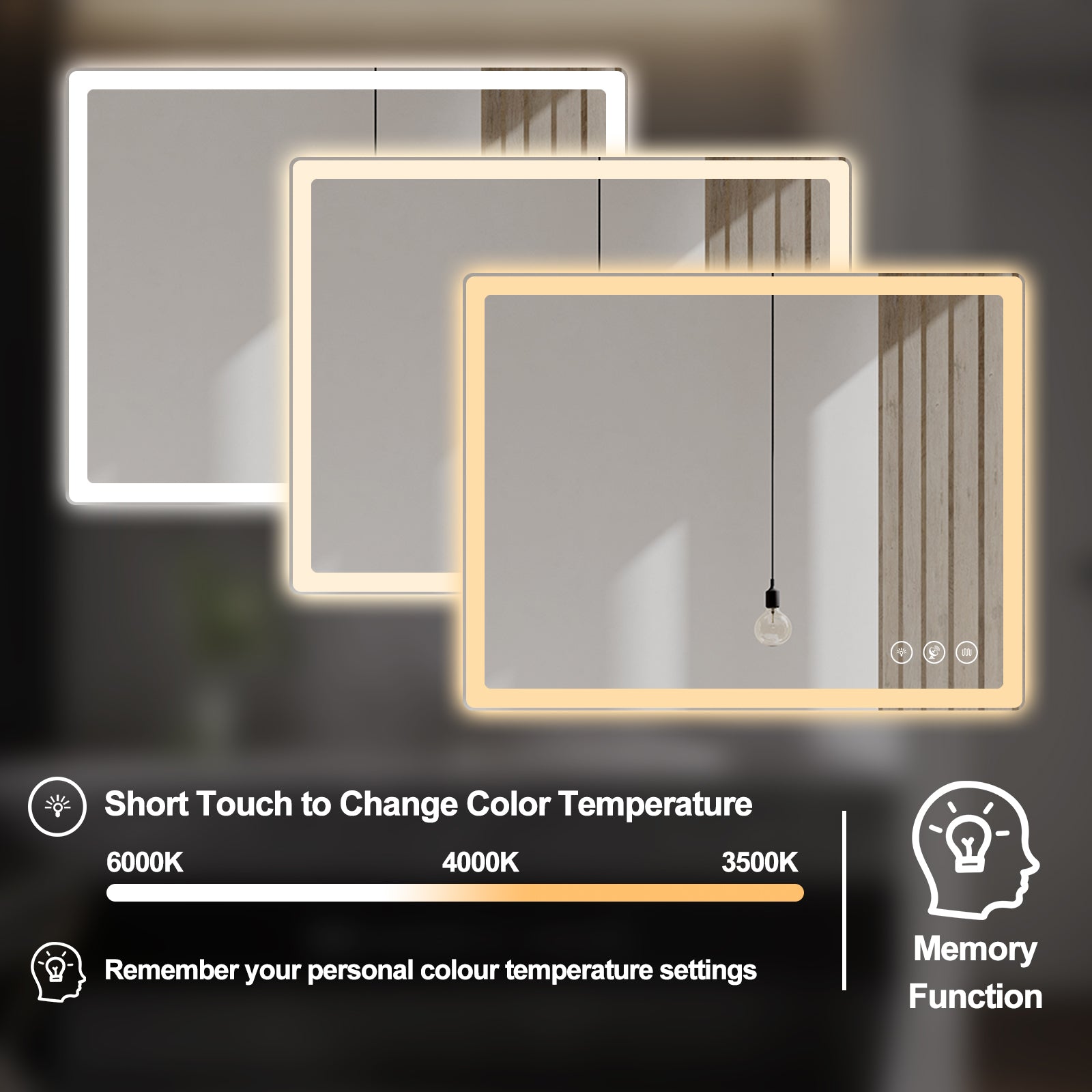 Miroir intelligent rectangulaire à LED Gloviea avec lumières, luminosité réglable et dimmable, détecteur de mouvement, anti-buée, fonction mémoire, éclairage avant et arrière