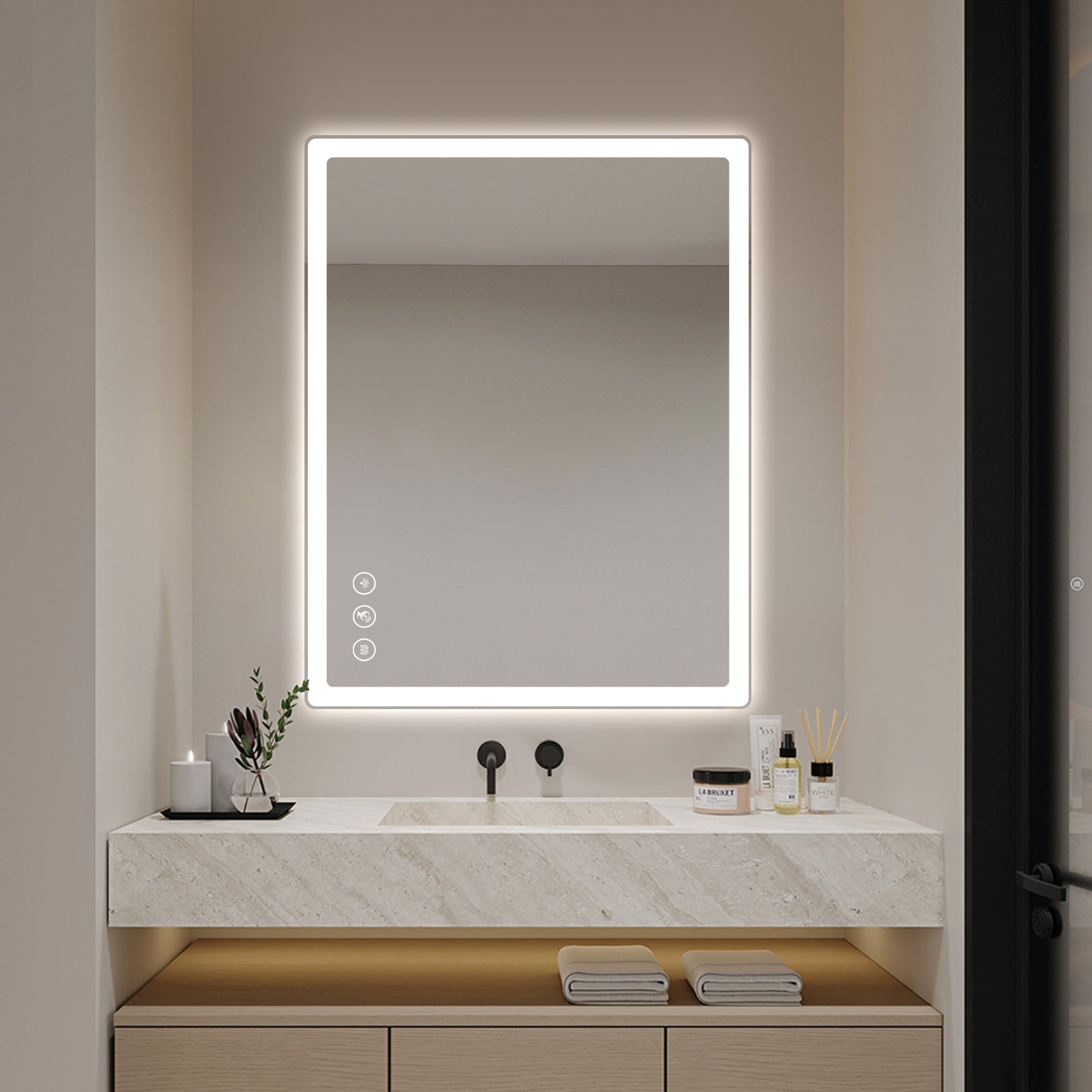 Miroir intelligent rectangulaire à LED Gloviea avec lumières, luminosité réglable et dimmable, détecteur de mouvement, anti-buée, fonction mémoire, éclairage avant et arrière