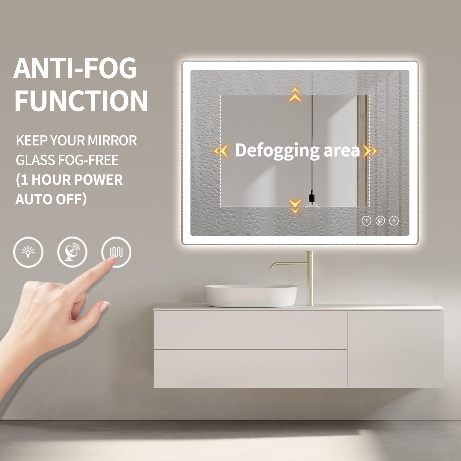 Miroir intelligent rectangulaire à LED Gloviea avec lumières, luminosité réglable et dimmable, détecteur de mouvement, anti-buée, fonction mémoire, éclairage avant et arrière