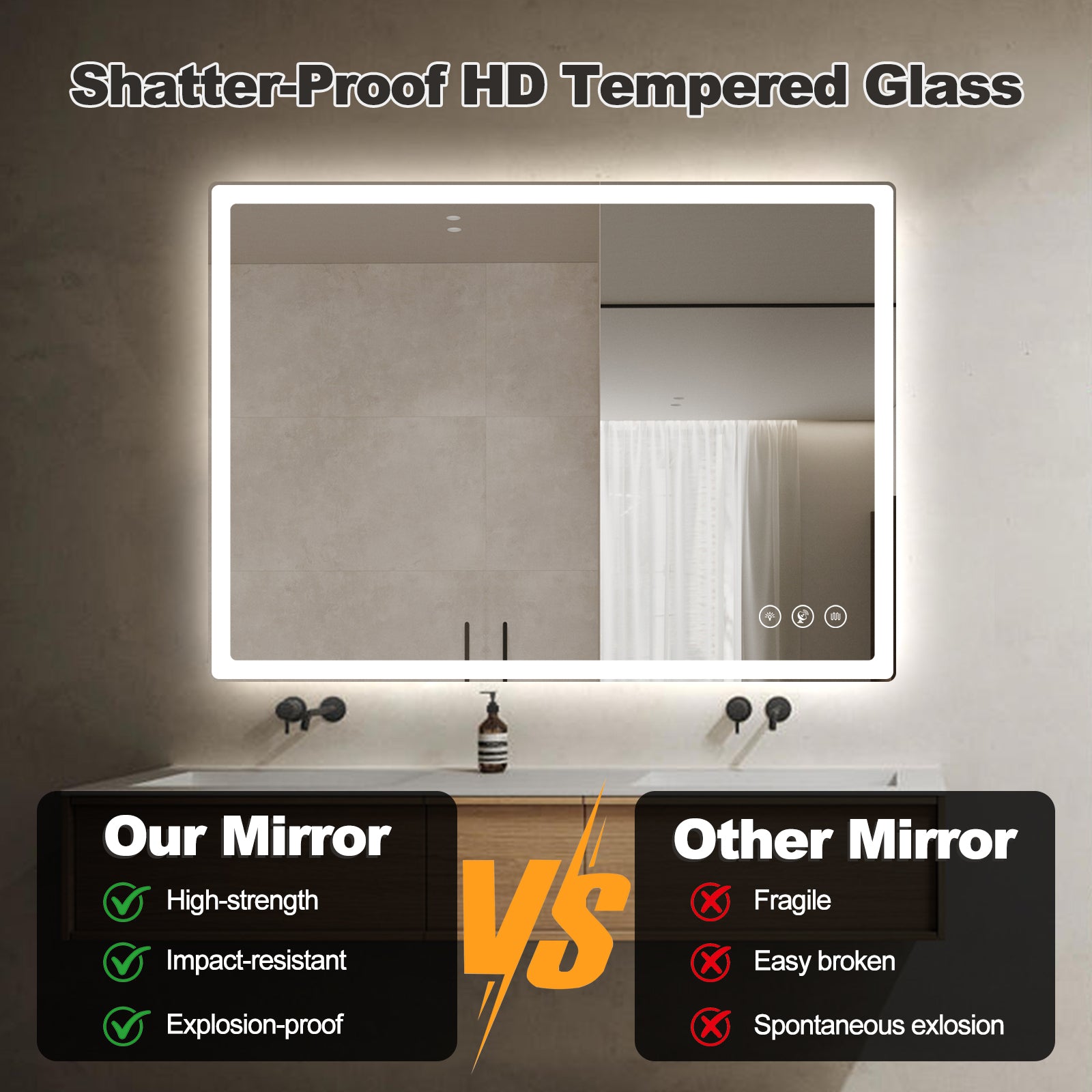Miroir intelligent rectangulaire à LED Gloviea avec lumières, luminosité réglable et dimmable, détecteur de mouvement, anti-buée, fonction mémoire, éclairage avant et arrière