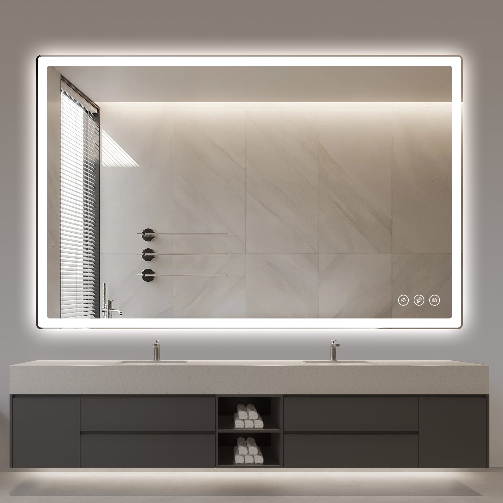Miroir intelligent rectangulaire à LED Gloviea avec lumières, luminosité réglable et dimmable, détecteur de mouvement, anti-buée, fonction mémoire, éclairage avant et arrière