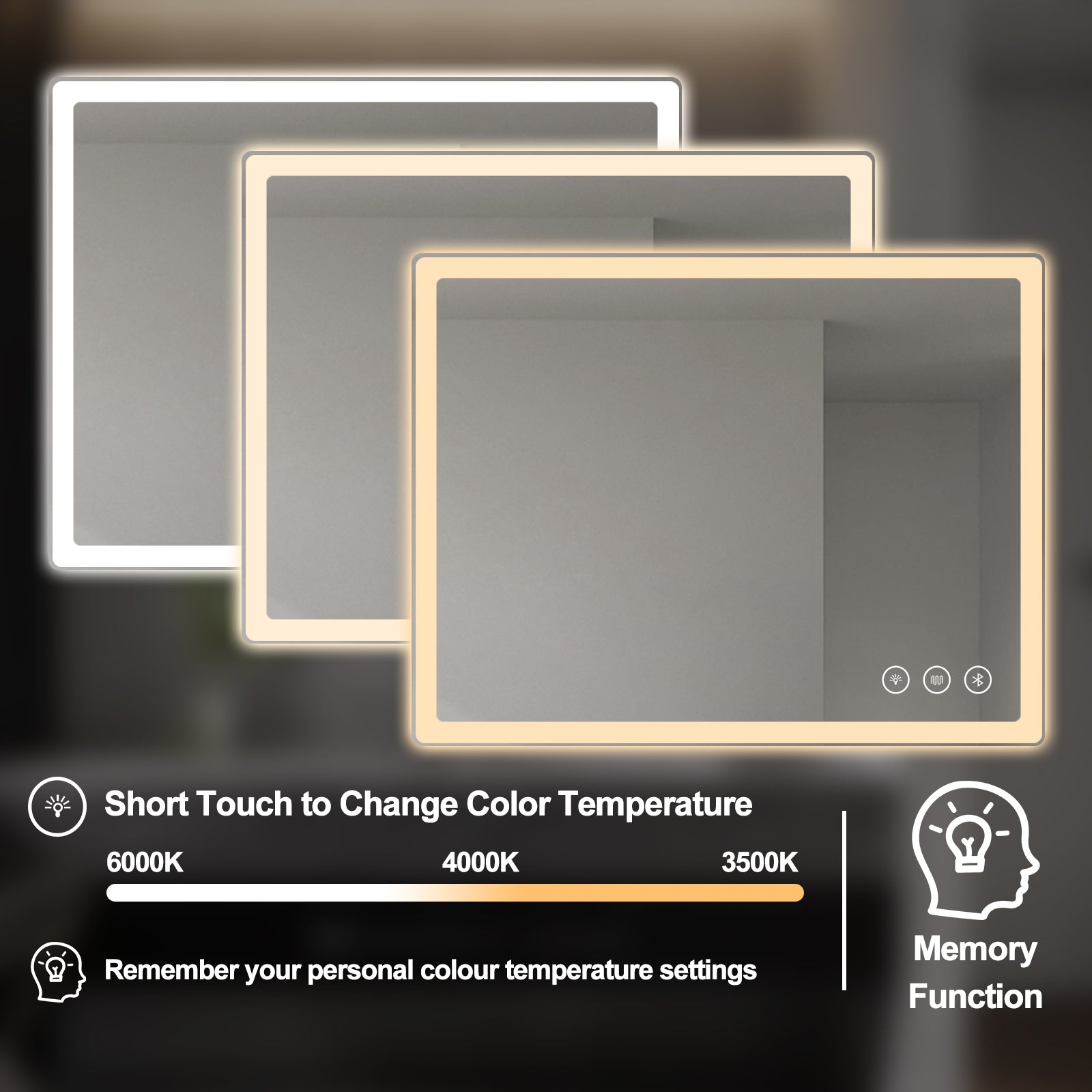Miroir intelligent LED rectangulaire Gloviea avec lumières – Éclairage avant et arrière, haut-parleur Bluetooth, anti-buée