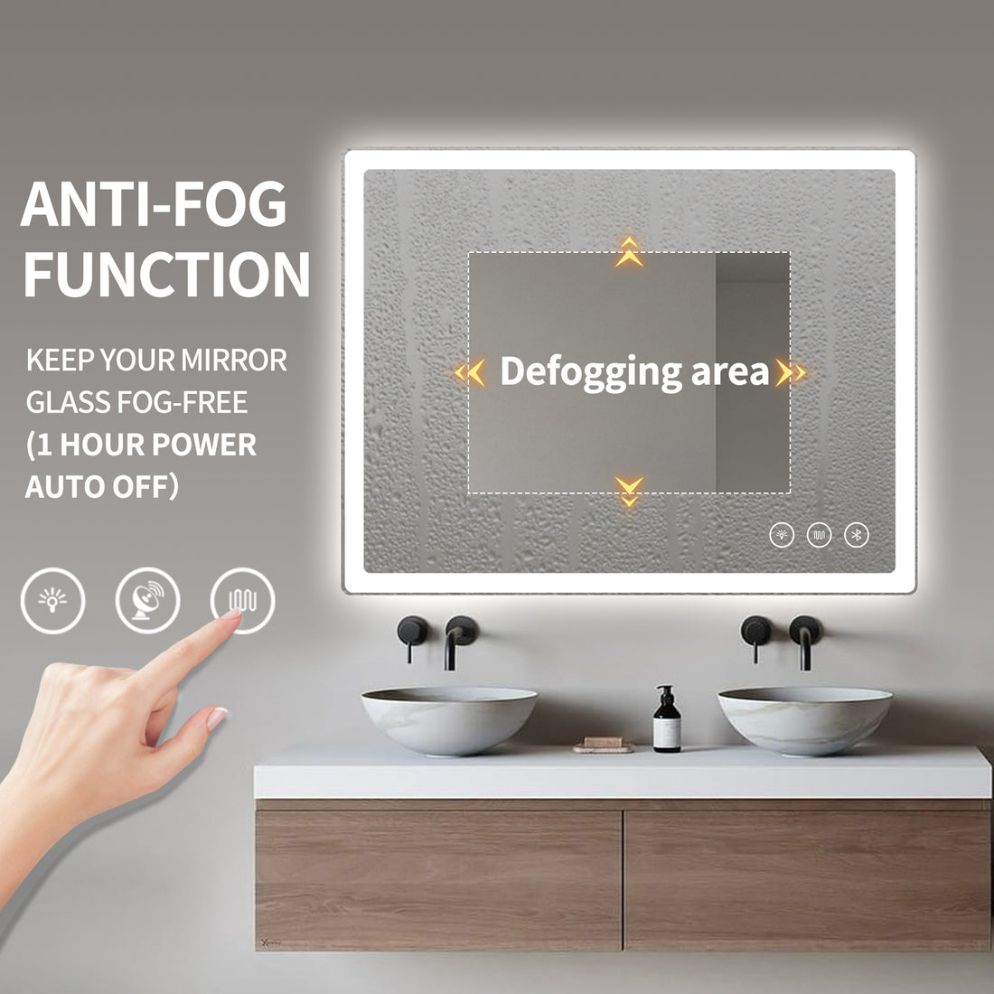 Miroir intelligent LED rectangulaire Gloviea avec lumières – Éclairage avant et arrière, haut-parleur Bluetooth, anti-buée