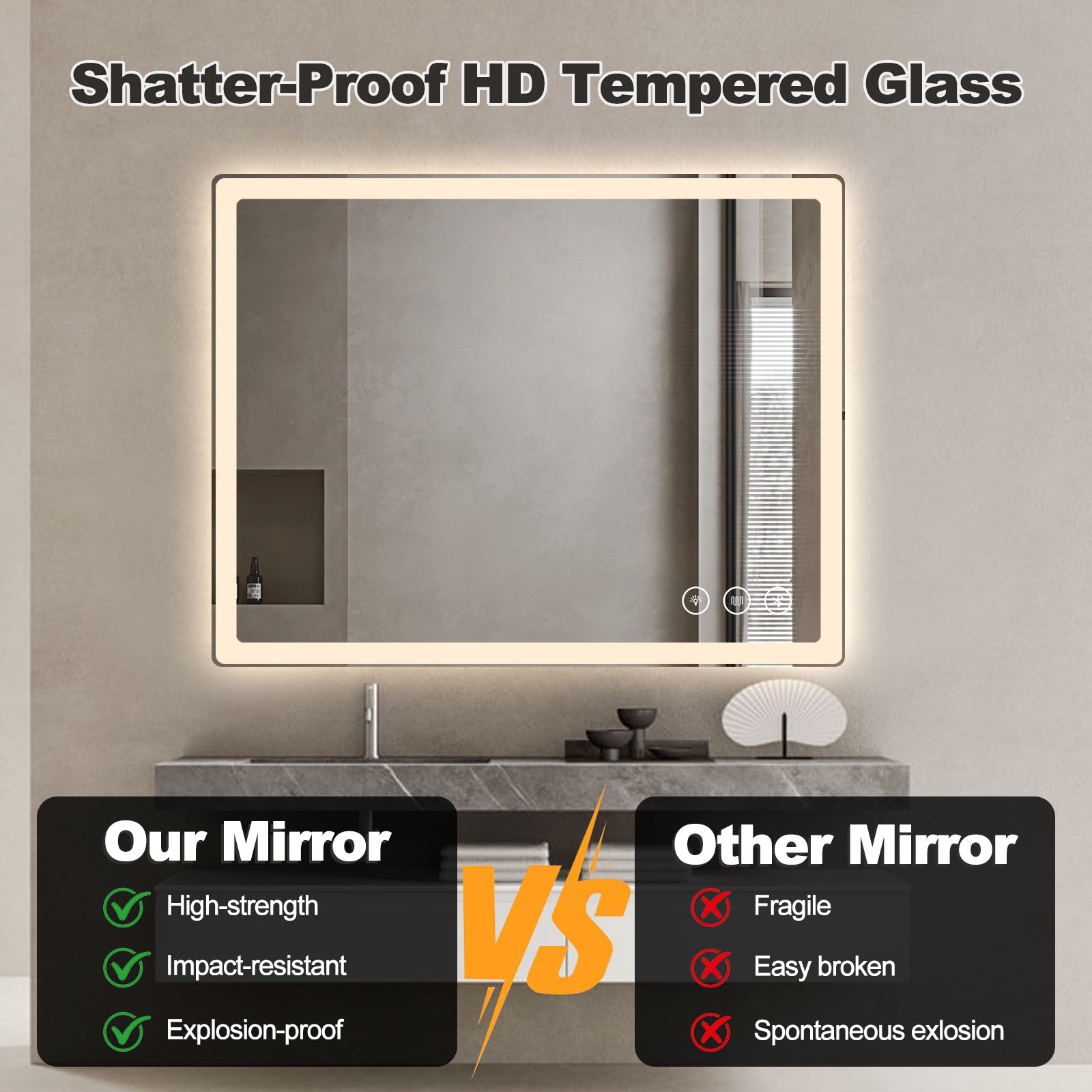 Miroir intelligent LED rectangulaire Gloviea avec lumières – Éclairage avant et arrière, haut-parleur Bluetooth, anti-buée
