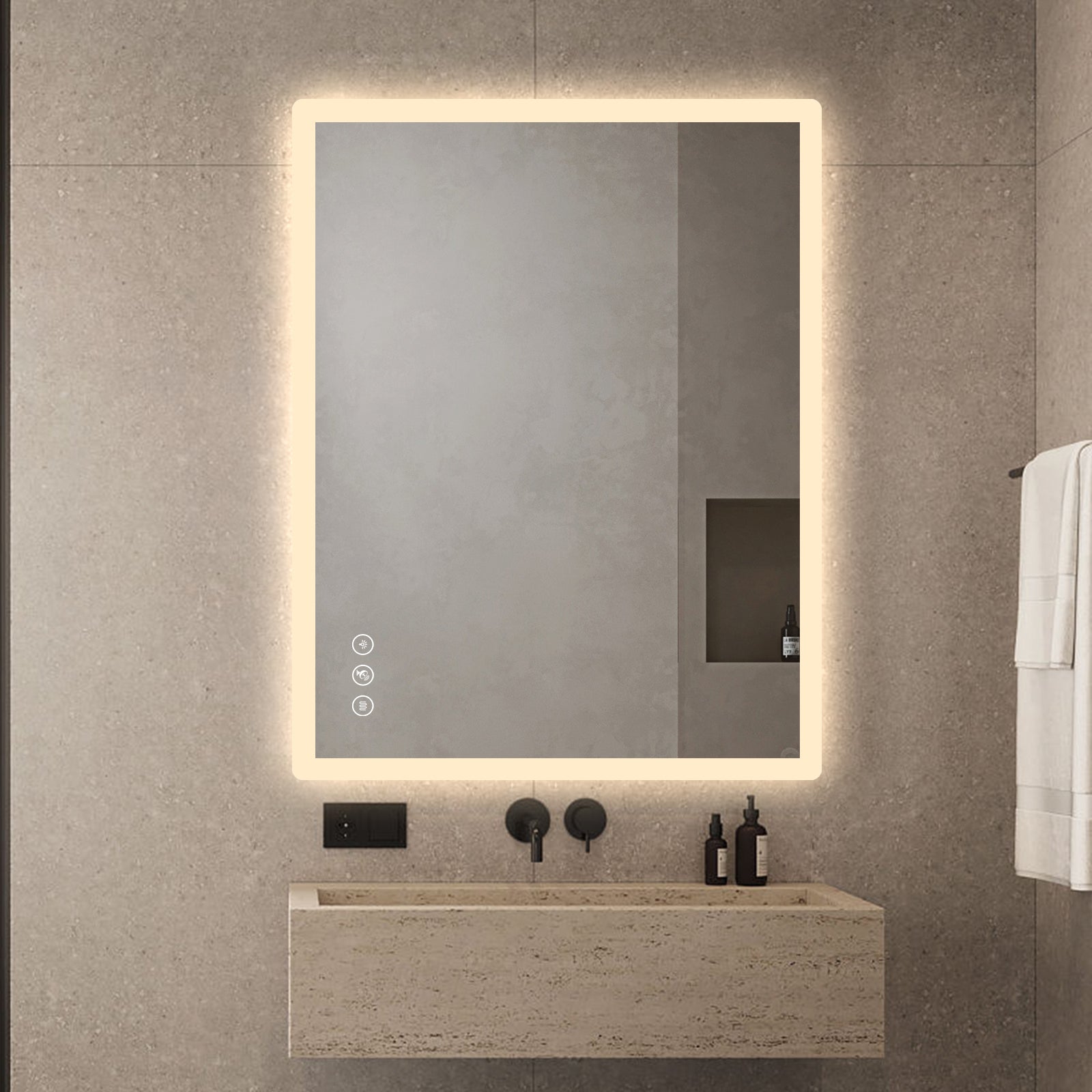 Gloviea Miroir LED intelligent rectangulaire avec lumières, intensité variable et luminosité réglable, capteur de mouvement, anti-buée, fonction mémoire, éclairage avant et arrière, design à bords polis