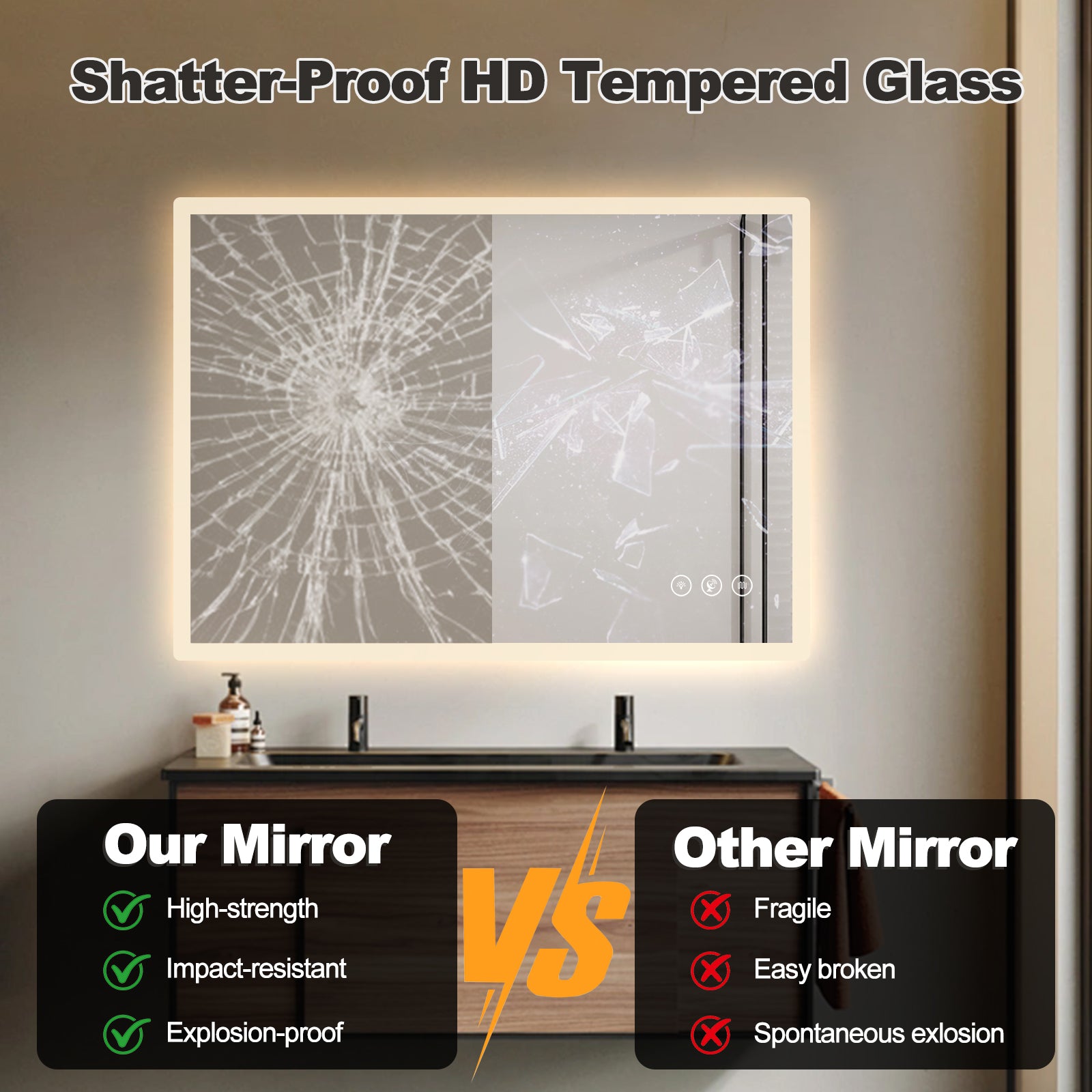 Gloviea Miroir LED intelligent rectangulaire avec lumières, intensité variable et luminosité réglable, capteur de mouvement, anti-buée, fonction mémoire, éclairage avant et arrière, design à bords polis