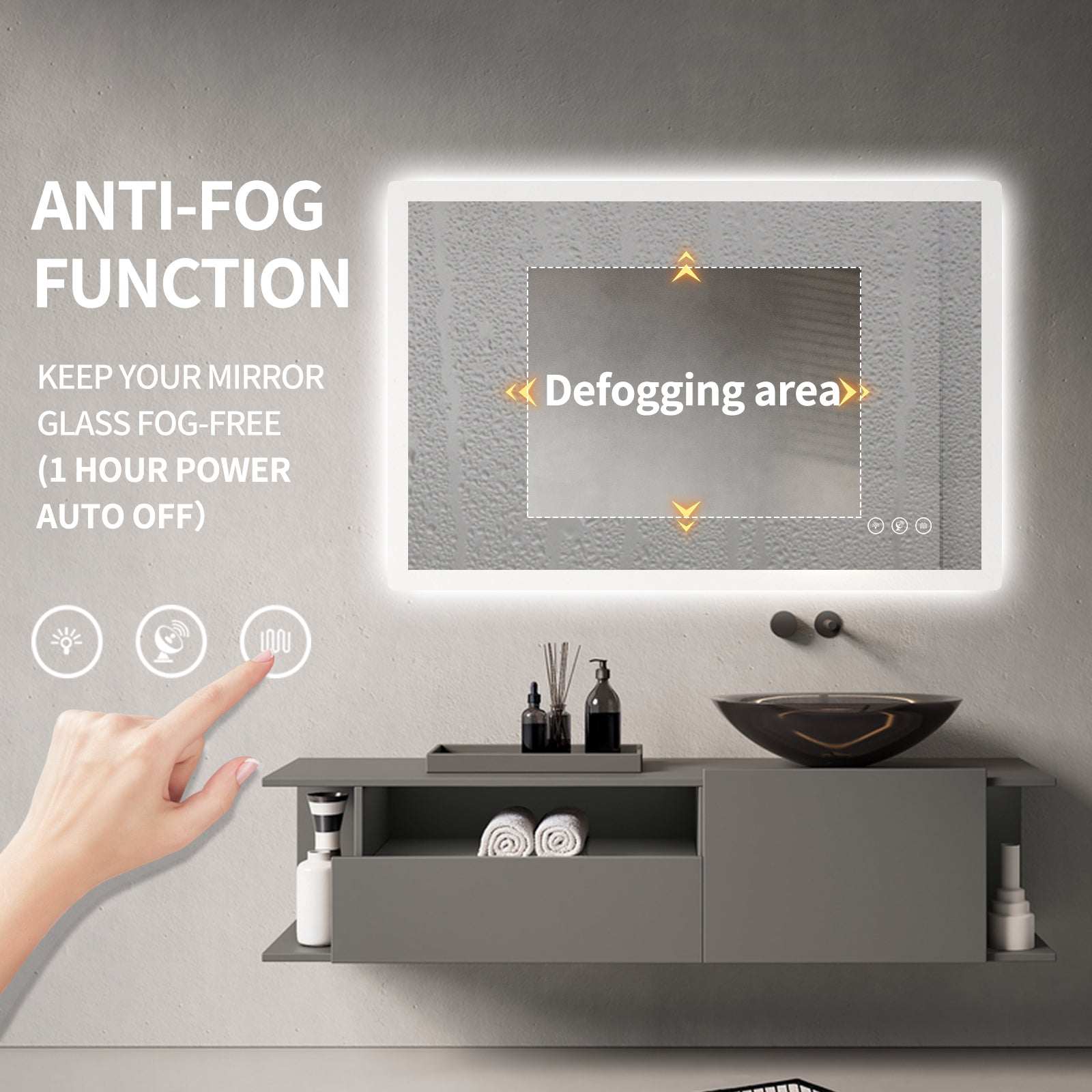Gloviea Miroir LED intelligent rectangulaire avec lumières, intensité variable et luminosité réglable, capteur de mouvement, anti-buée, fonction mémoire, éclairage avant et arrière, design à bords polis