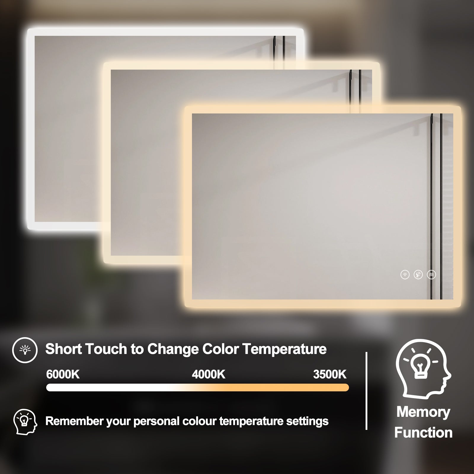Gloviea Miroir LED intelligent rectangulaire avec lumières, intensité variable et luminosité réglable, capteur de mouvement, anti-buée, fonction mémoire, éclairage avant et arrière, design à bords polis