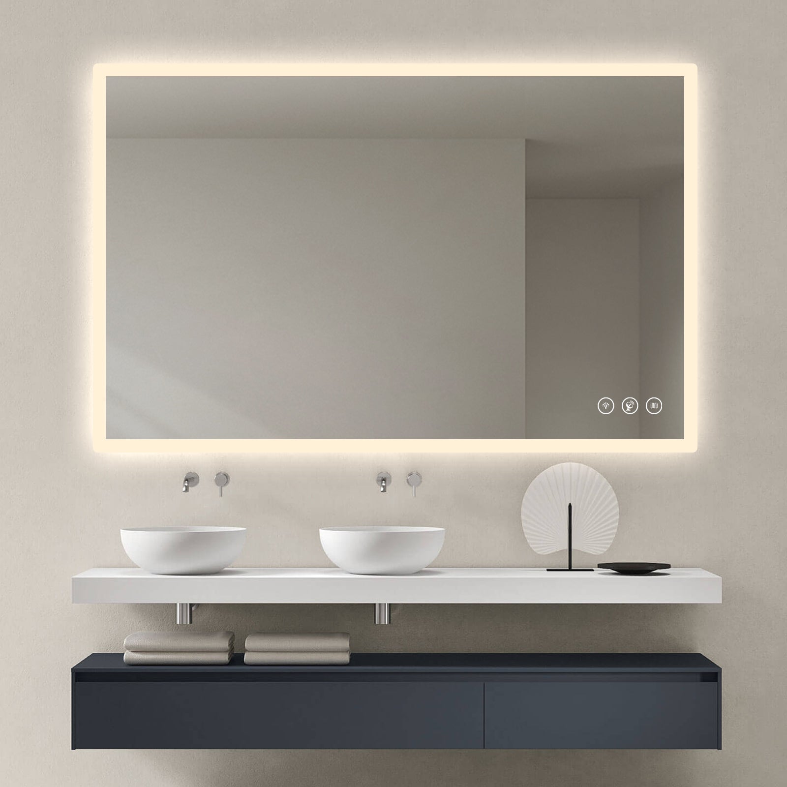 Gloviea Miroir LED intelligent rectangulaire avec lumières, intensité variable et luminosité réglable, capteur de mouvement, anti-buée, fonction mémoire, éclairage avant et arrière, design à bords polis