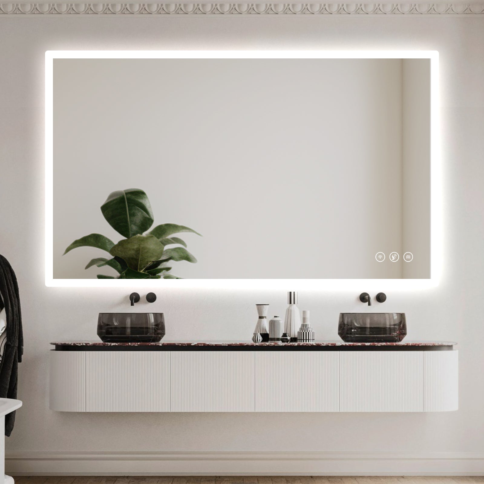Gloviea Miroir LED intelligent rectangulaire avec lumières, intensité variable et luminosité réglable, capteur de mouvement, anti-buée, fonction mémoire, éclairage avant et arrière, design à bords polis