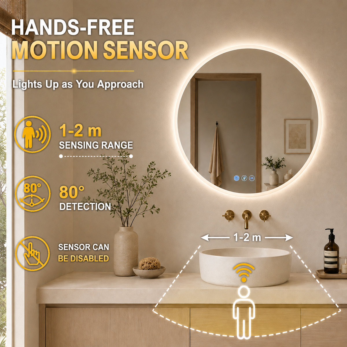 Gloviea Round LED Bathroom Mirror | Front &amp; Backlit | Full Frosted Edge, Anti-Fog, Motion Sensor