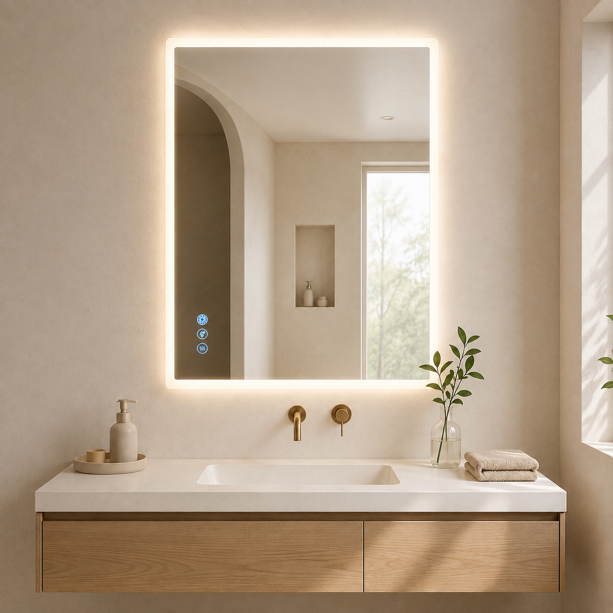 Gloviea Rectangular LED Bathroom Mirror – Full Frosted Edge | Front Glow + Backlit, Anti-Fog & Motion Sensor