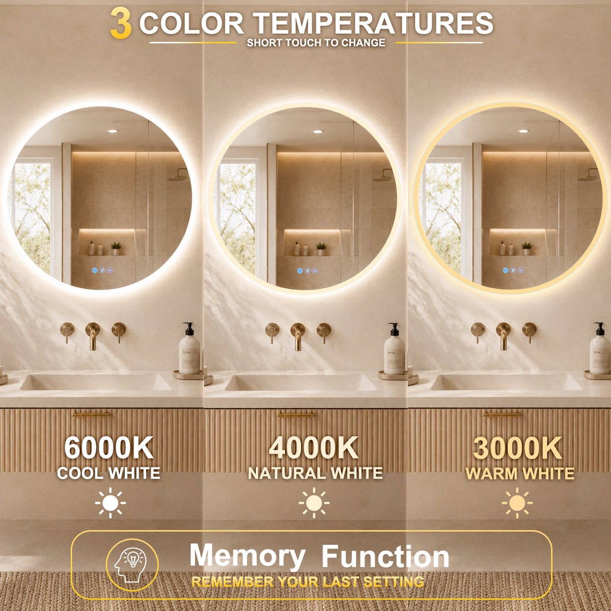 Gloviea Round LED Bathroom Mirror | Front &amp; Backlit | Full Frosted Edge, Anti-Fog, Motion Sensor