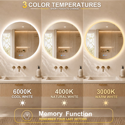Gloviea Round LED Bathroom Mirror | Front &amp; Backlit | Full Frosted Edge, Anti-Fog, Motion Sensor