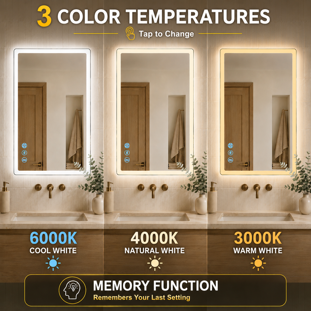 Gloviea Rectangular LED Bathroom Mirror – Mirror Border | Front Glow + Backlit, Anti-Fog & Motion Sensor