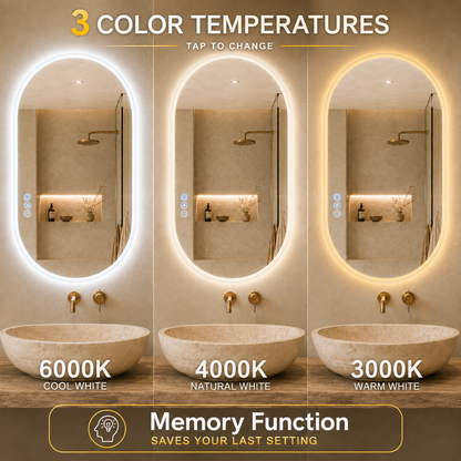 Gloviea Oval LED Bathroom Mirror | Front &amp; Backlit | Full Frosted Edge, Anti-Fog, Motion Sensor