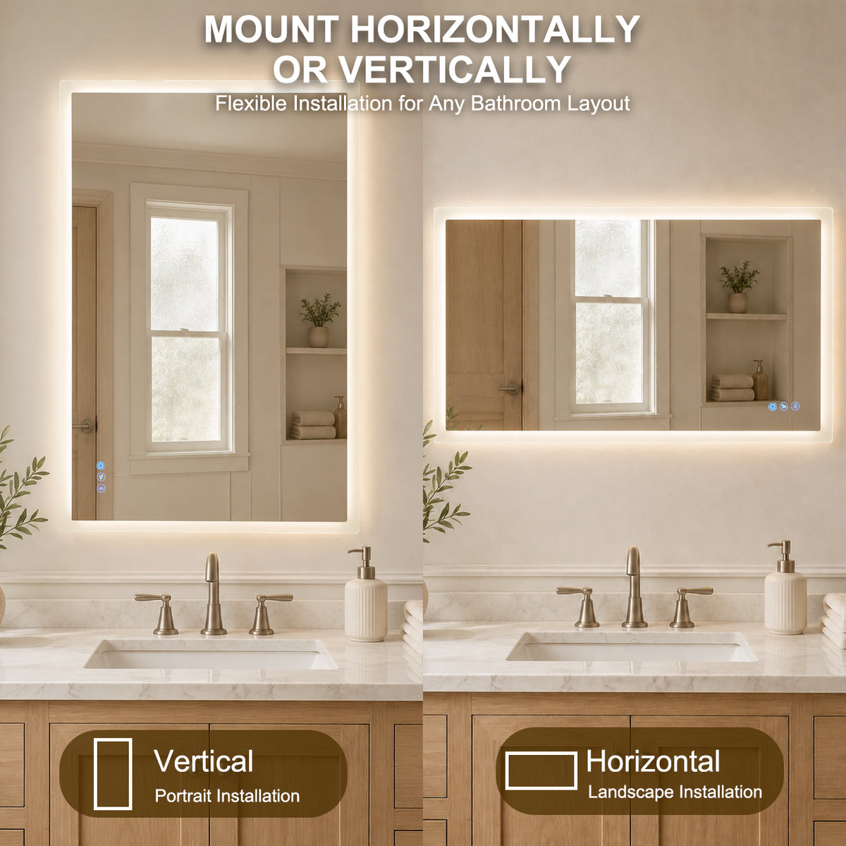 Gloviea Rectangular LED Bathroom Mirror – Full Frosted Edge | Front Glow + Backlit, Anti-Fog & Motion Sensor