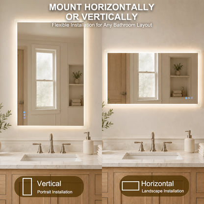 Gloviea Rectangular LED Bathroom Mirror – Full Frosted Edge | Front Glow + Backlit, Anti-Fog &amp; Motion Sensor