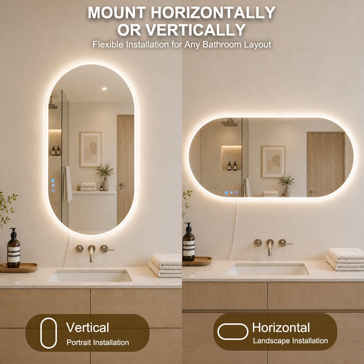 Gloviea Oval LED Bathroom Mirror | Front & Backlit | Polished Edge, Anti-Fog, Motion Sensor