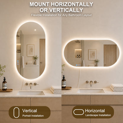 Gloviea Oval LED Bathroom Mirror | Front &amp; Backlit | Full Frosted Edge, Anti-Fog, Motion Sensor