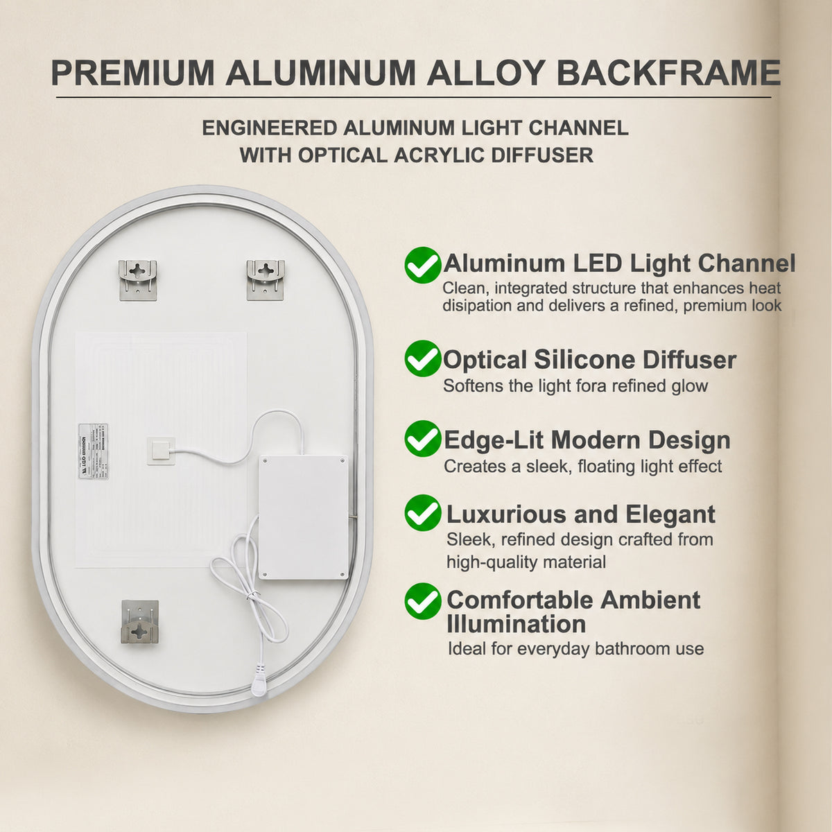 Gloviea Oval LED Bathroom Mirror | Front & Backlit | Polished Edge, Anti-Fog, Motion Sensor