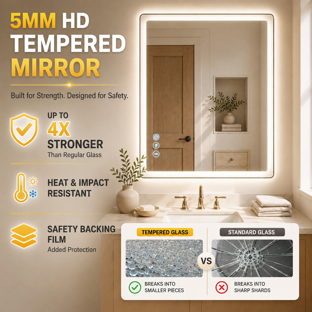 Gloviea Rectangular LED Bathroom Mirror – Mirror Border | Front Glow + Backlit, Anti-Fog & Motion Sensor