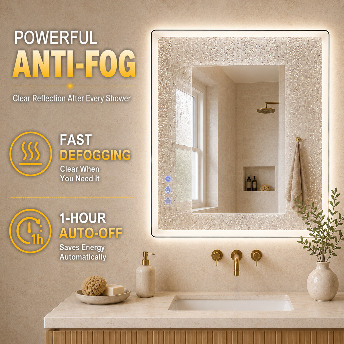 Gloviea Rectangular LED Bathroom Mirror – Mirror Border | Front Glow + Backlit, Anti-Fog & Motion Sensor