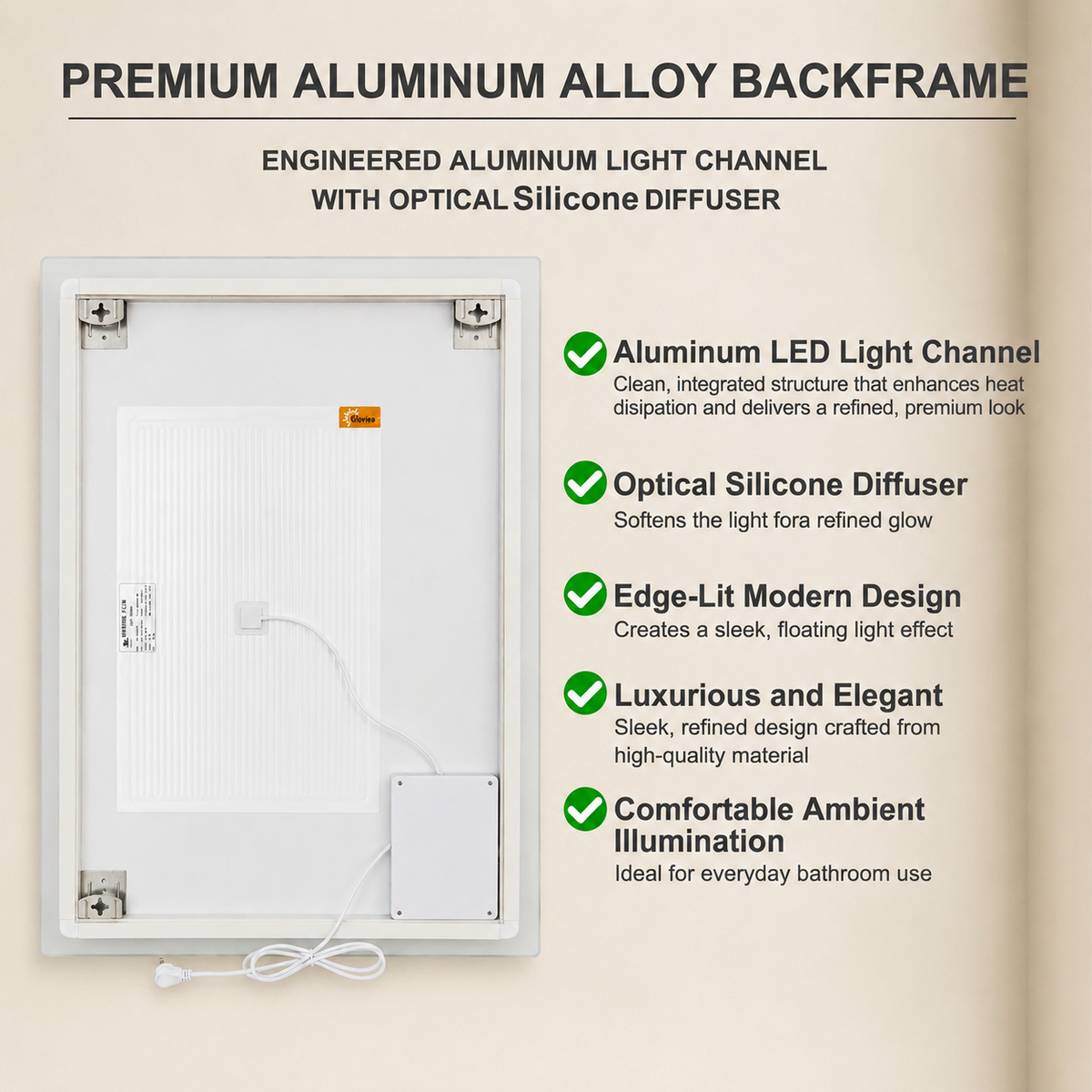 Gloviea Rectangular LED Bathroom Mirror – Mirror Border | Front Glow + Backlit, Anti-Fog & Motion Sensor